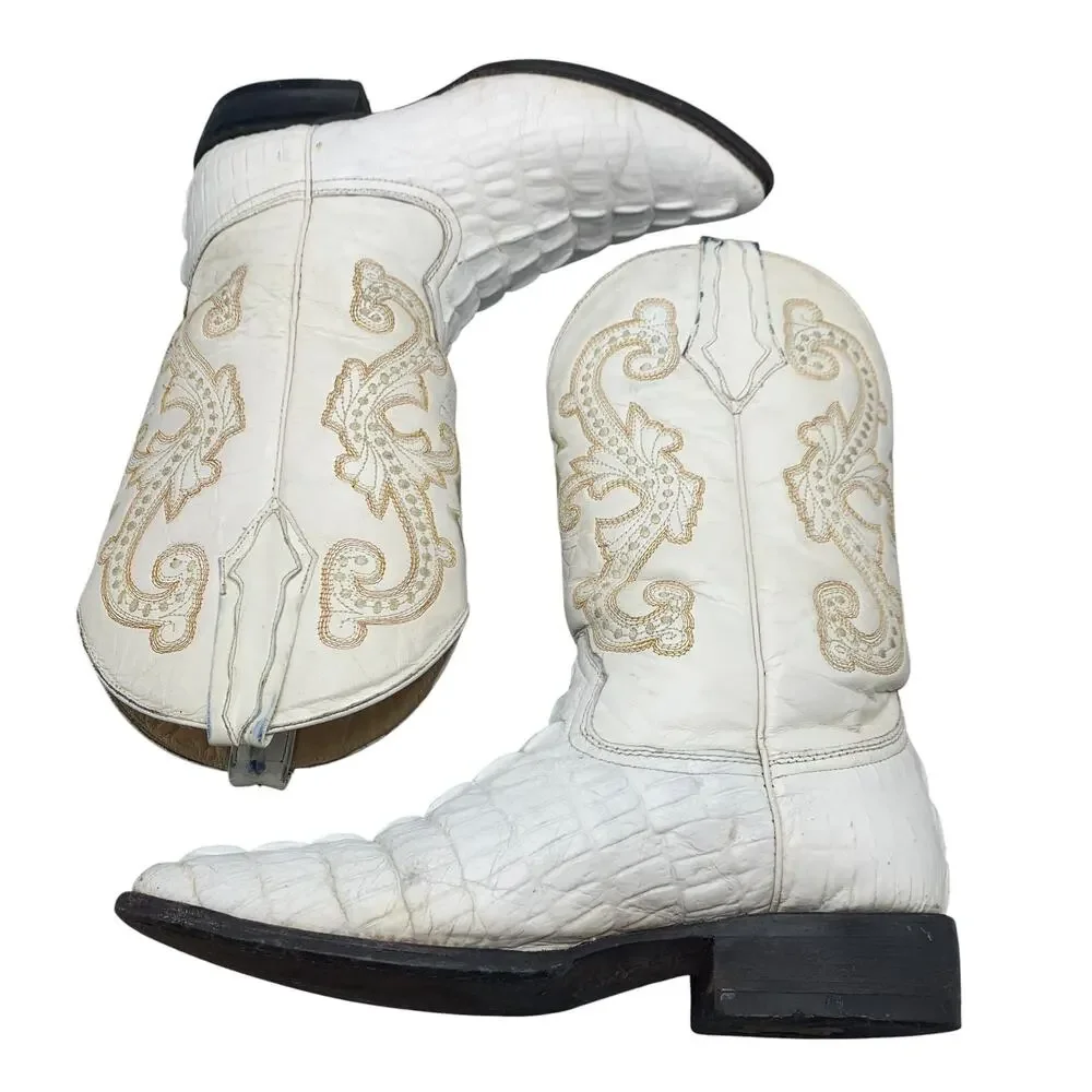 Potrero Mens Western Boots Size 7.5 US White Crocodile Leather Cowboy Distressed
